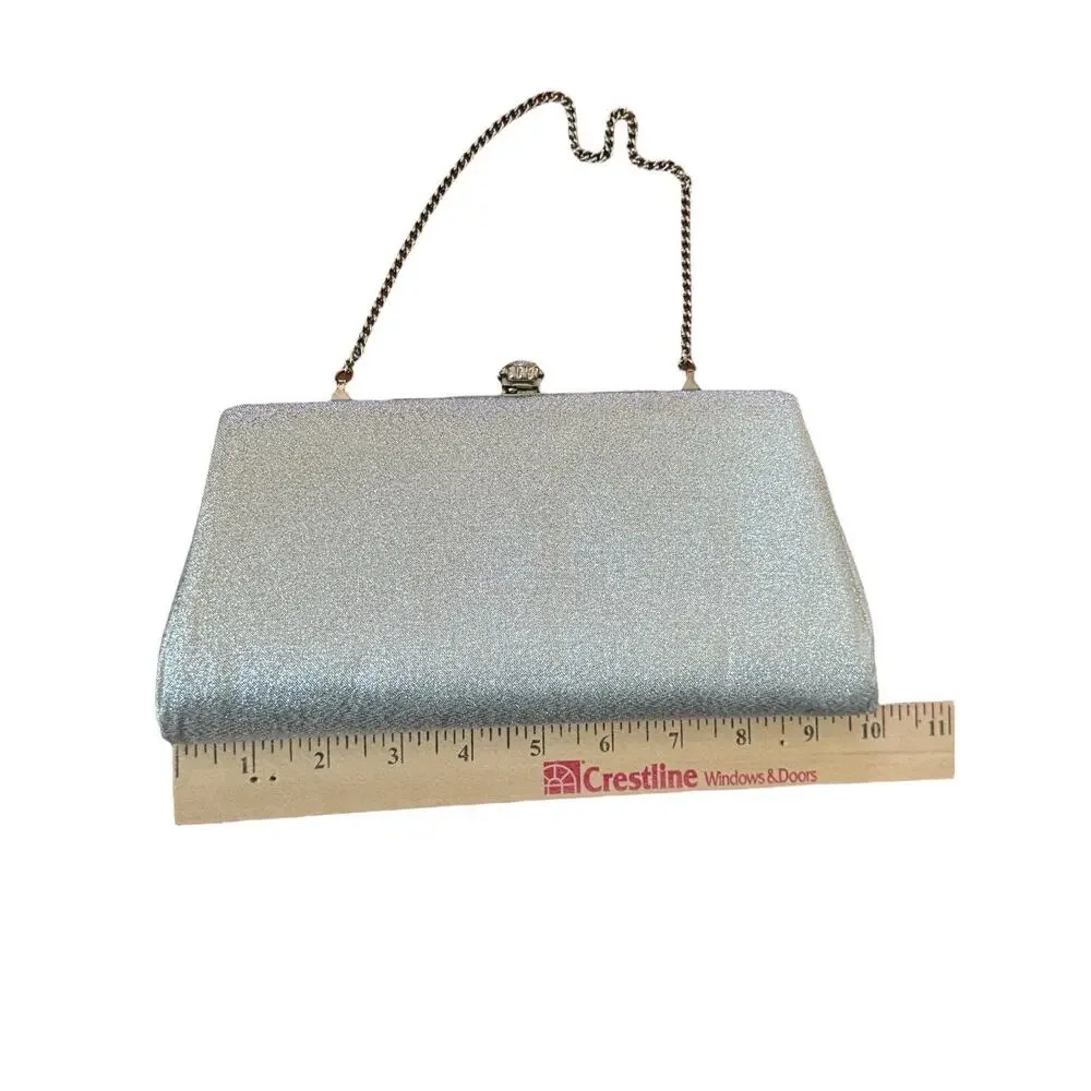 VTG Silver Sparkly Glittery Clutch Bag Silver Top Round Clasp Happy Hour Flapper
